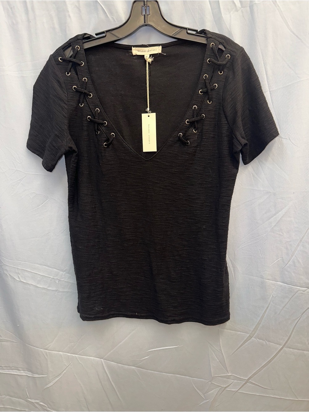Gilded Intent Black Lace-Up V-Neck Short Sleeve Top